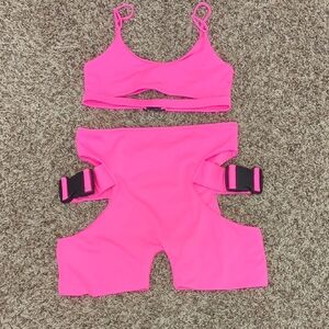 Lipt vibrant hot pink two piece cut out cropped tank / bralette and shorts set
